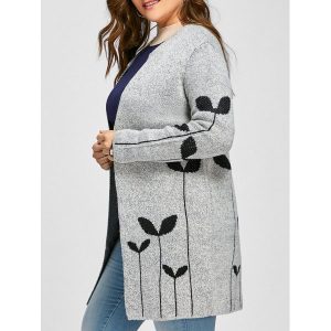 Plus Size Sprout Jacquard Drop Shoulder Cardigan - Light Gray