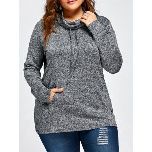 Plus Size Drawstring Long Sleeve Cowl Neck Top - Smoky Gray