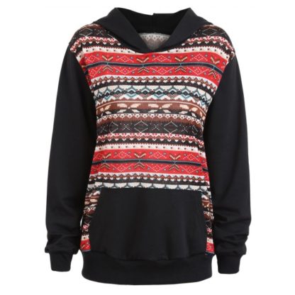 Plus Size Fair Isle Panel Kangaroo Pocket Hoodie - Black