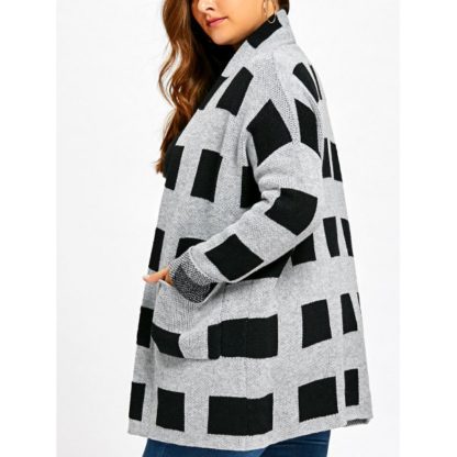 Plus Size Plaid Pockets Open Front Cardigan - Plaid