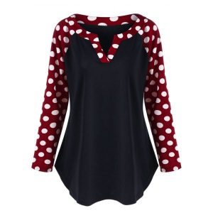 Plus Size Polka Dot Raglan Sleeve Tunic Top - Red With Black