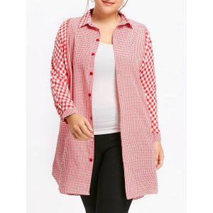 Plus Size Plaid Long Tunic Shirt - Red