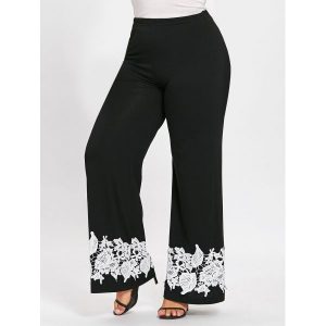 Plus Size Appliqued Floral Palazzo Pants - Black