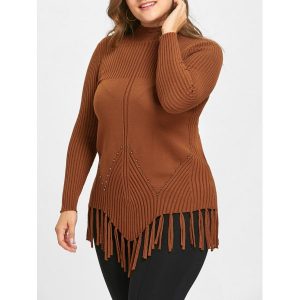 Plus Size Fringed Ribbed High Neck Sweater - Khaki