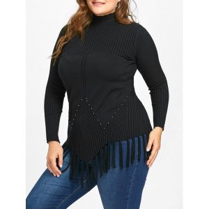 Plus Size Fringed Ribbed High Neck Sweater - Black