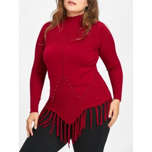 Plus Size Fringed Ribbed High Neck Sweater - Red