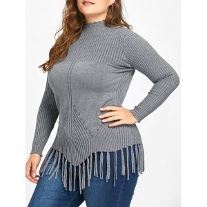 Plus Size Fringed Ribbed High Neck Sweater - Gray