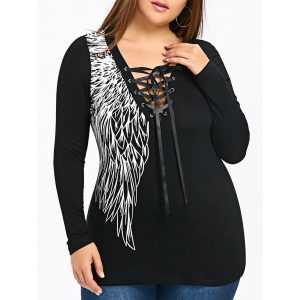 Plus Size Wings Print Lattice Front Top - Black