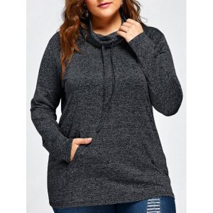 Plus Size Drawstring Long Sleeve Cowl Neck Top - Dark Gray