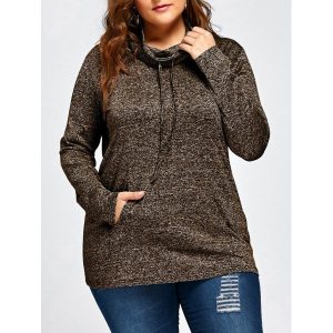 Plus Size Drawstring Long Sleeve Cowl Neck Top - Coffee