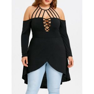 Plus Size Dip Hem Strappy Tunic Tee - Black