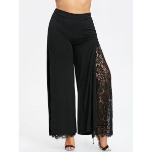 Plus Size High Slit Lace Palazzo Pants - Black