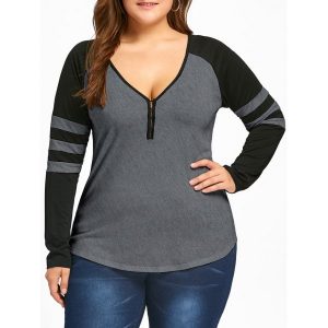 Plus Size Two Tone Stripes Raglan Sleeves T-shirt - Heather Gray