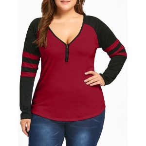 Plus Size Two Tone Stripes Raglan Sleeves T-shirt - Dark Red