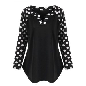 Plus Size Polka Dot Raglan Sleeve Tunic Top - Black + White