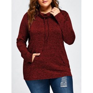 Plus Size Drawstring Long Sleeve Cowl Neck Top - Wine Red