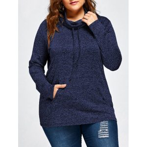 Plus Size Drawstring Long Sleeve Cowl Neck Top - Blue