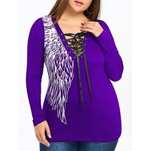 Plus Size Wings Print Lattice Front Top - Purple