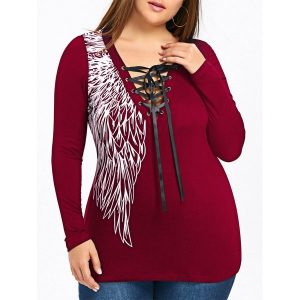 Plus Size Wings Print Lattice Front Top - Wine Red