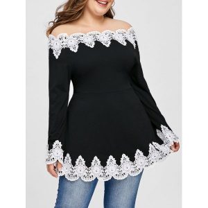 Plus Size Embroidery Off Shoulder Top - Black