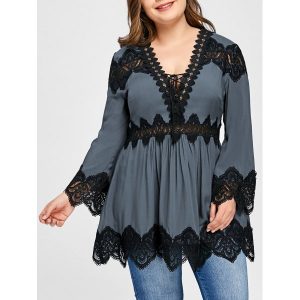 Plus Size Long Sleeve Lace Panel Peplum Blouse - Gray