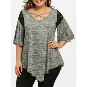 Asymmetrical Plus Size Flare Sleeve Tunic T-shirt - Gray