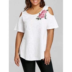 Plus Size Embroidery Appliqued Open Shoulder T-shirt - White