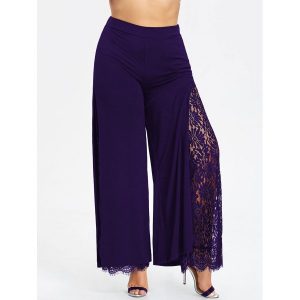 Plus Size High Slit Lace Palazzo Pants - Concord