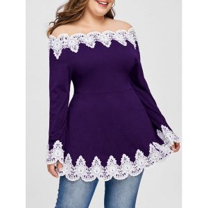 Plus Size Embroidery Off Shoulder Top - Purple