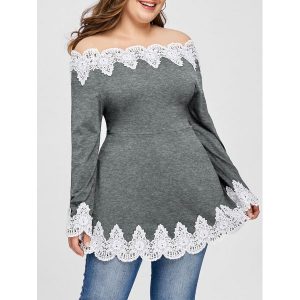 Plus Size Embroidery Off Shoulder Top - Gray