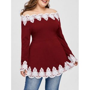 Plus Size Embroidery Off Shoulder Top - Wine Red