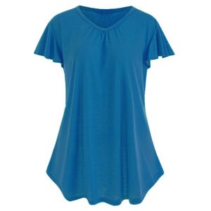 Plus Size Butterfly Sleeve Plain T-shirt - Peacock Blue