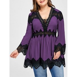 Plus Size Long Sleeve Lace Panel Peplum Blouse - Purple