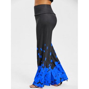 Plus Size Rose Petal Print Pants - Blue and Black