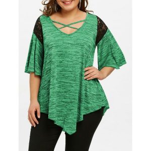 Asymmetrical Plus Size Flare Sleeve Tunic T-shirt - Green