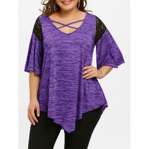 Asymmetrical Plus Size Flare Sleeve Tunic T-shirt - Purple