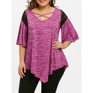 Asymmetrical Plus Size Flare Sleeve Tunic T-shirt - Pink