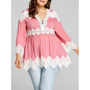 Plus Size Long Sleeve Lace Panel Peplum Blouse - Deep Pink