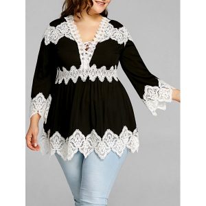 Plus Size Long Sleeve Lace Panel Peplum Blouse - Black