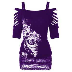 Plus Size Shredding Cold Shoulder Tunic T-shirt - Purple