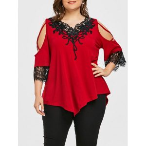 Plus Size Appliqued V Neck Cold Shoulder T-shirt - Red