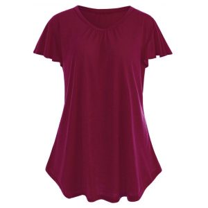 Plus Size Butterfly Sleeve Plain T-shirt - Wine Red