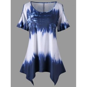 Plus Size Ombre Print Asymmetric T-shirt - Blue