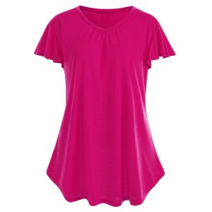 Plus Size Butterfly Sleeve Plain T-shirt - Sangria