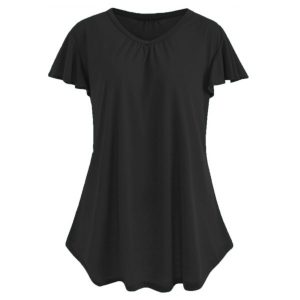 Plus Size Butterfly Sleeve Plain T-shirt - Black