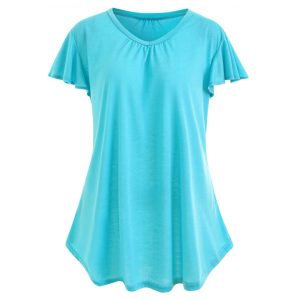 Plus Size Butterfly Sleeve Plain T-shirt - Lake Blue