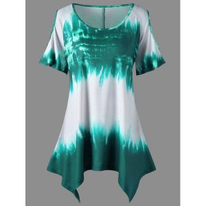 Plus Size Ombre Print Asymmetric T-shirt - Green