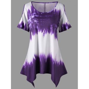 Plus Size Ombre Print Asymmetric T-shirt - Purple