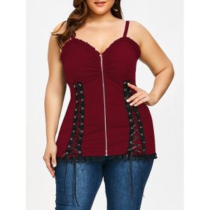 Criss Cross Zipper Up Plus Size Slip Top - Wine Red