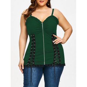 Criss Cross Zipper Up Plus Size Slip Top - Green